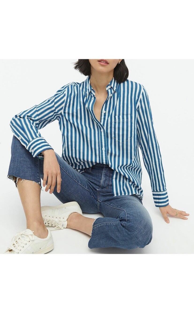 NWT J. Crew Womens Button Down Shirt Classic Fit Textured Stripe Blue Green 4